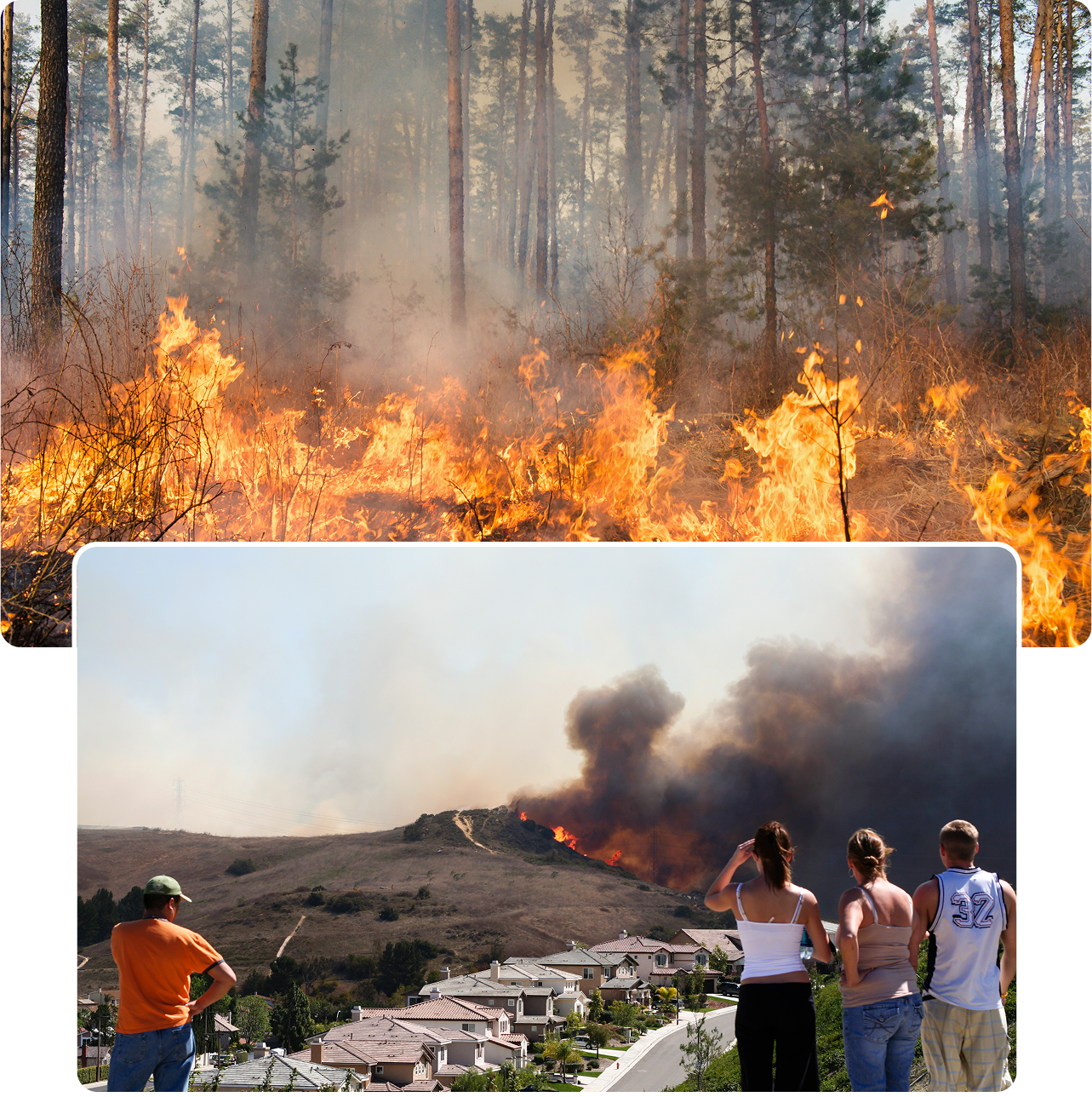 Forest fire with flames and smoke near trees in the top image; people watching a wildfire with heavy smoke above nearby houses in the bottom image.