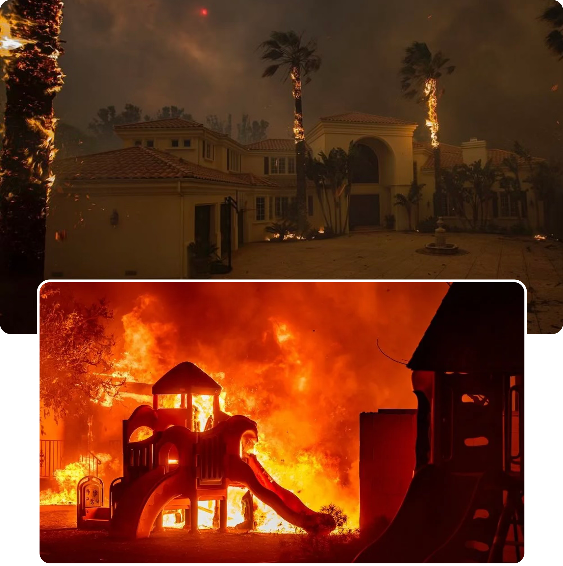 Group 17 A fire burning in the background of two different pictures.